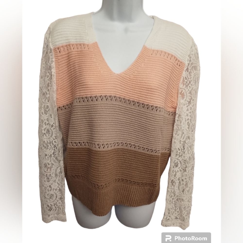 Sheilay multiple colored blocked sweater with lace sleeve